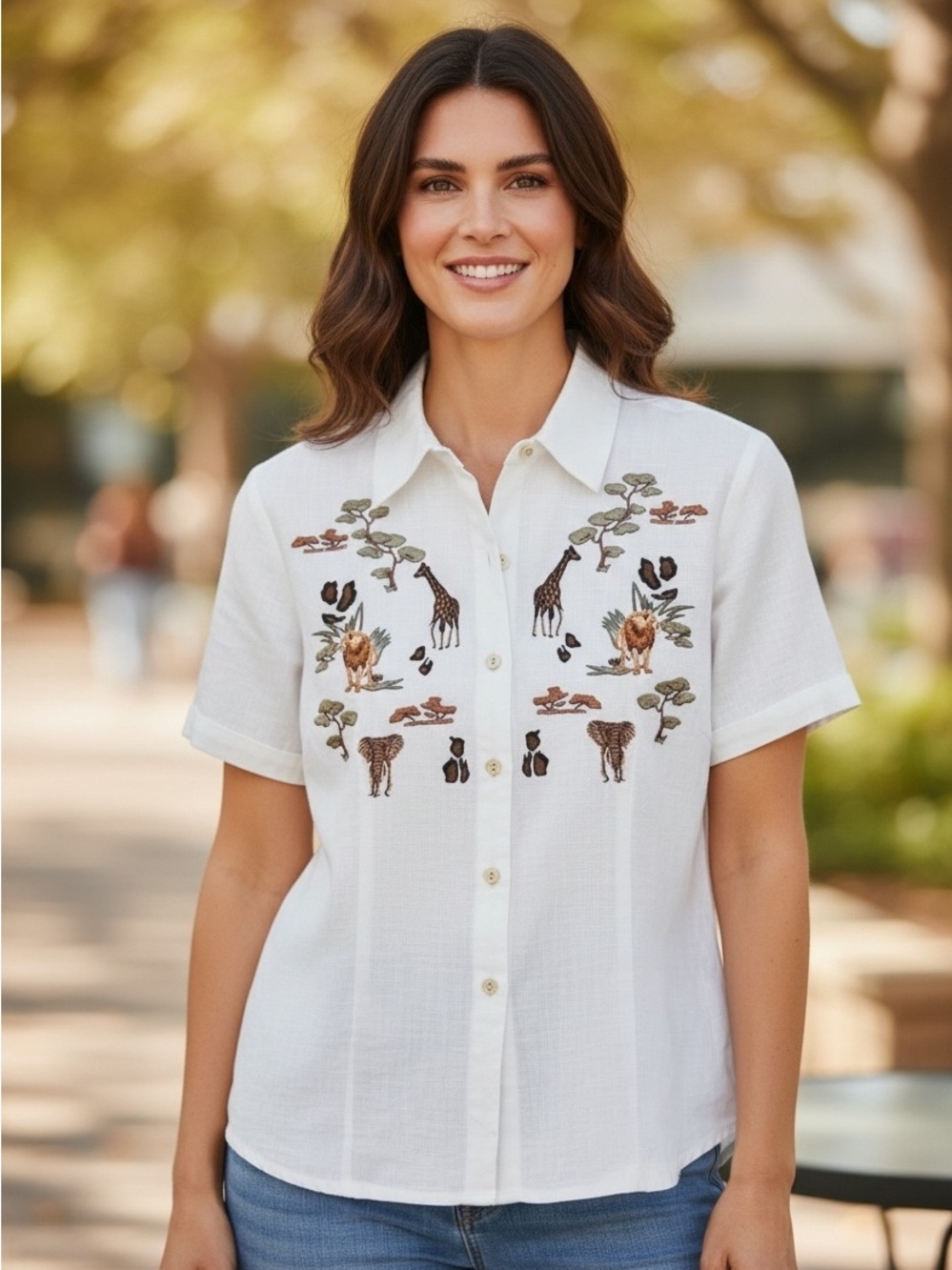 Peter Martin jungle animals embroidered on white linen button up shirt size 12